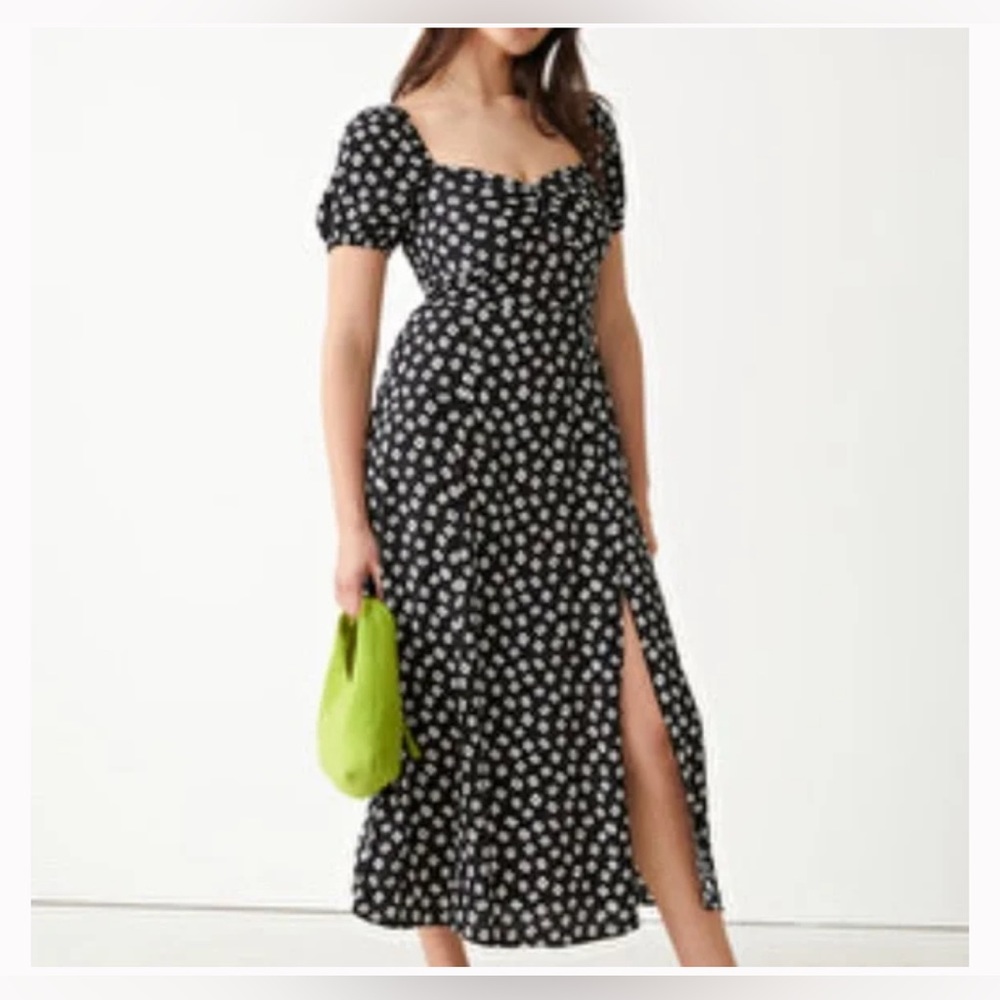 & Other Stories Flowy Puff Sleeve Midi Dress - Black Squares Size 4